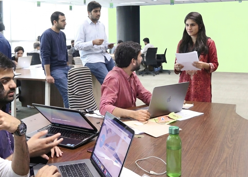 Upverse team collaborating in the office